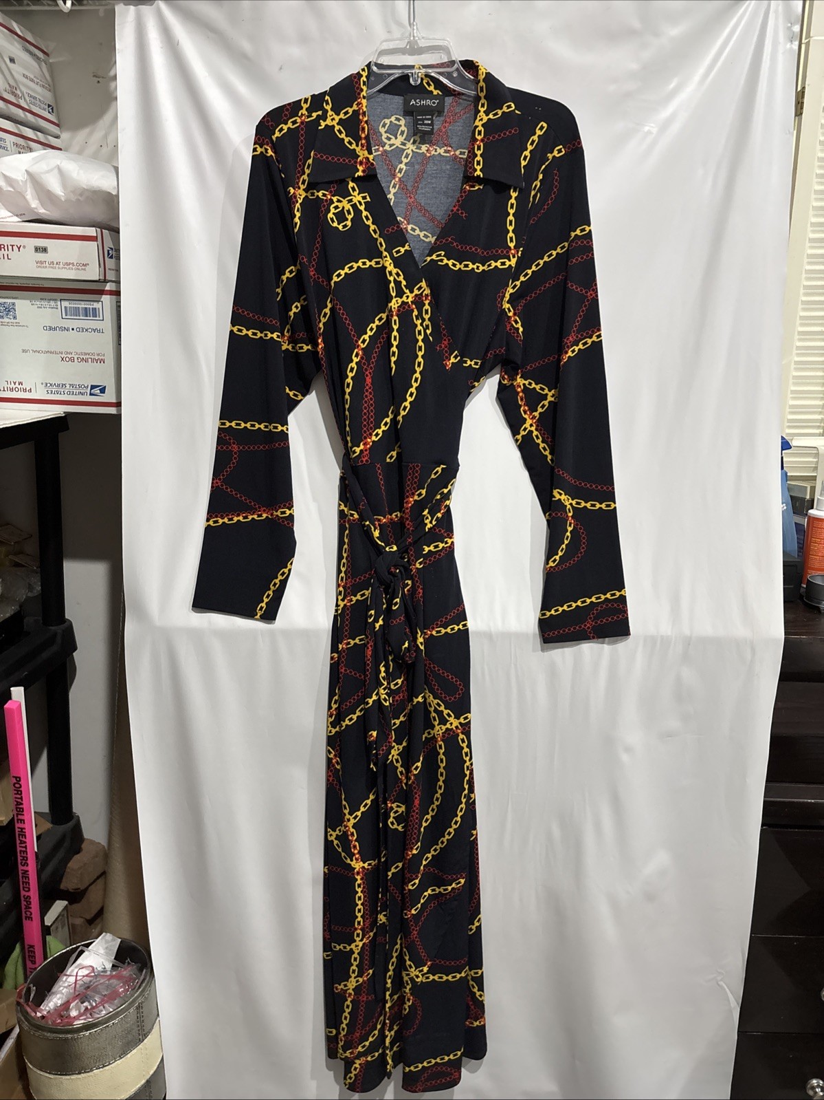 Ashro Black Red Gold Chains Wrap Style Dress Long Sleeve Plus Size 20W Casual