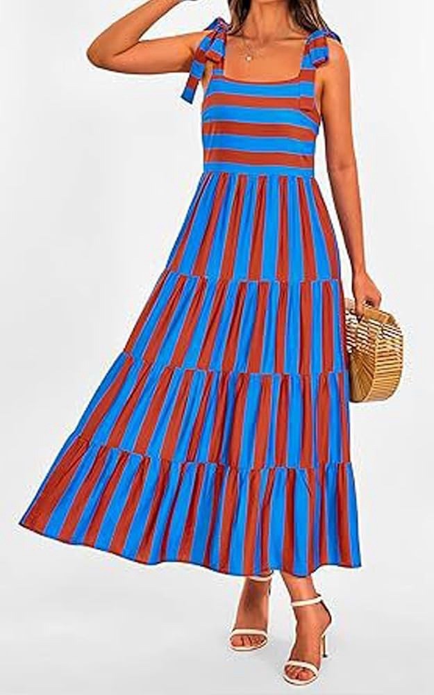 PrettyGarden Striped Tie-Shoulder Maxi Dress In Blue & Red Size Small NWT
