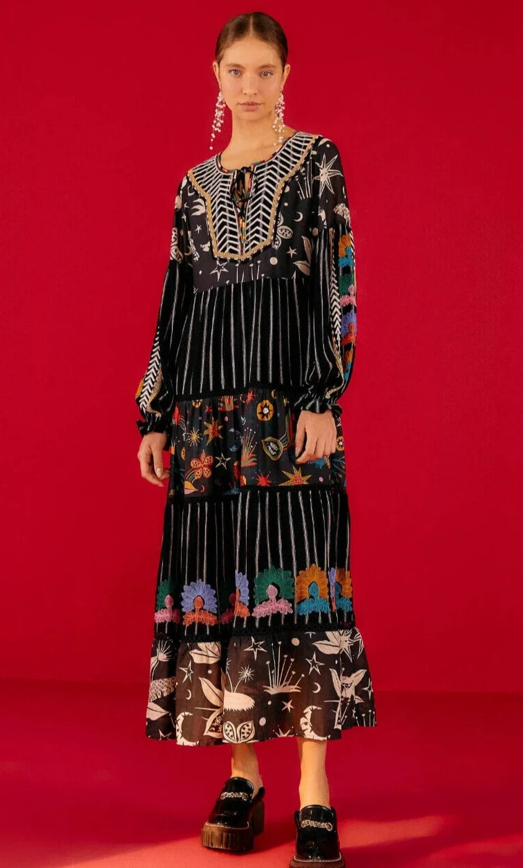 FARM RIOBlack Mixed Prints Embroidered Midi Dress Regular price $395 Small