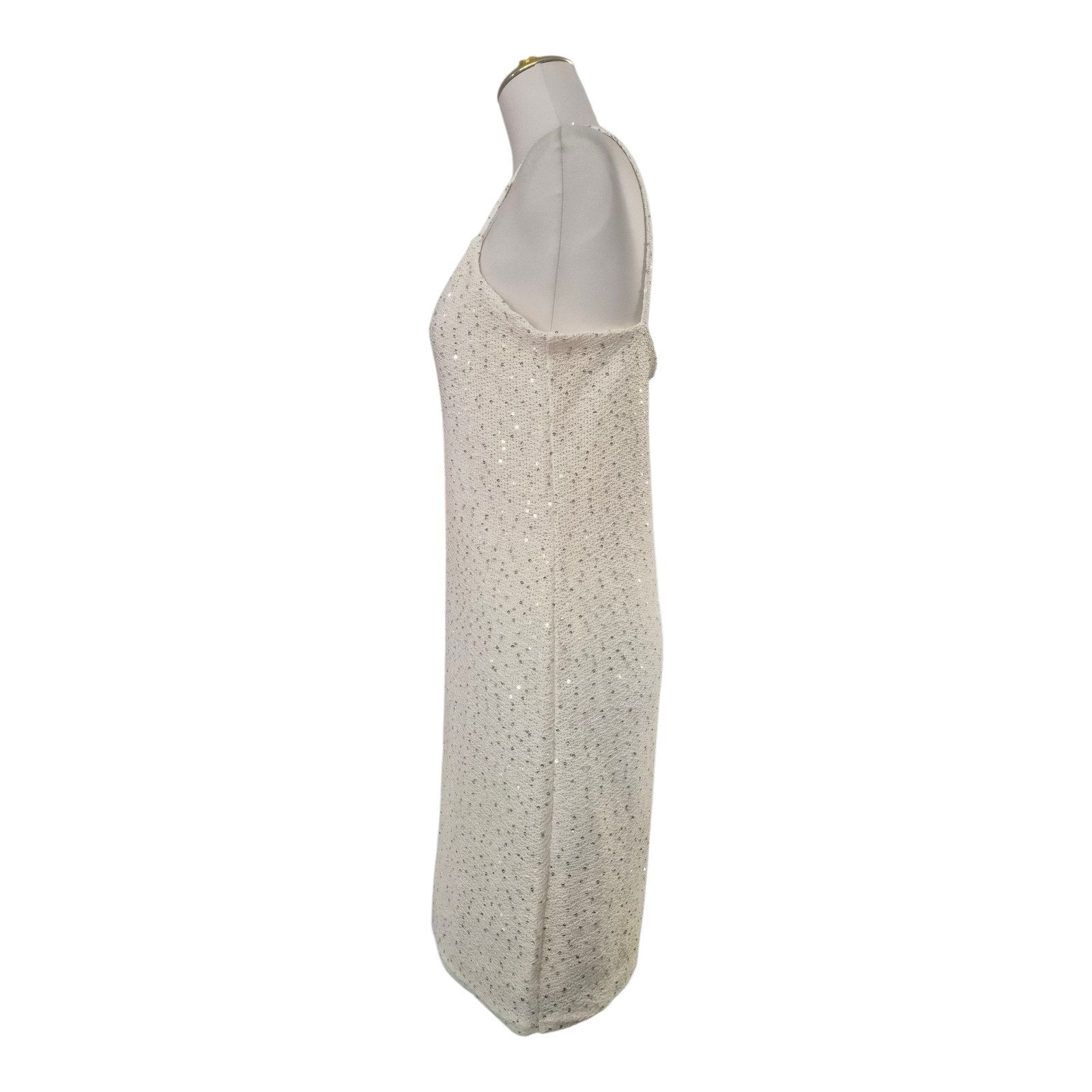 MANGO Sequin Knit Mini Dress Light Beige Women’s Size L Sleeveless Scoop Neck…