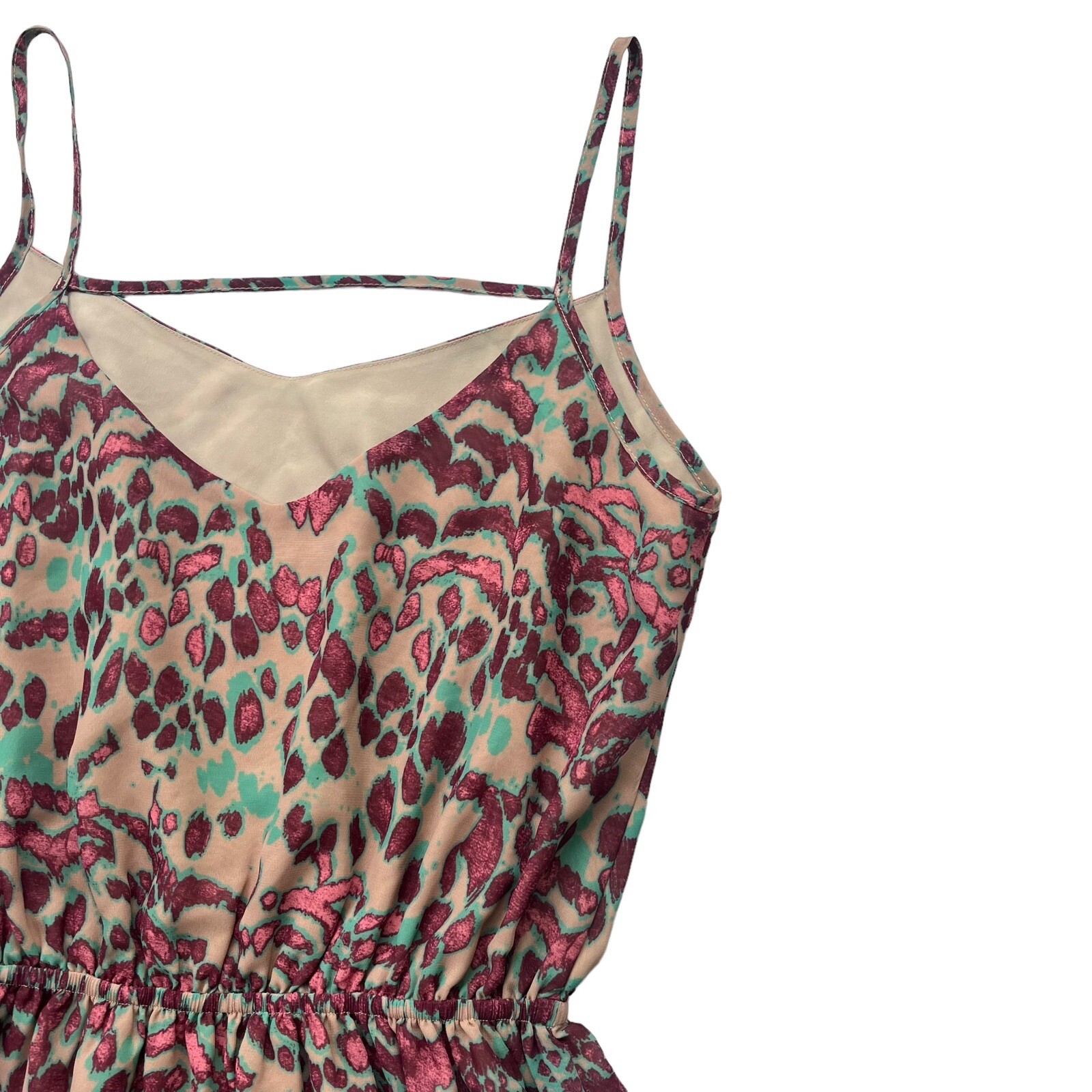 Miss Me Womens Size Medium Tan Teal Pink Animal Abstract Pattern Tank Mini Dress