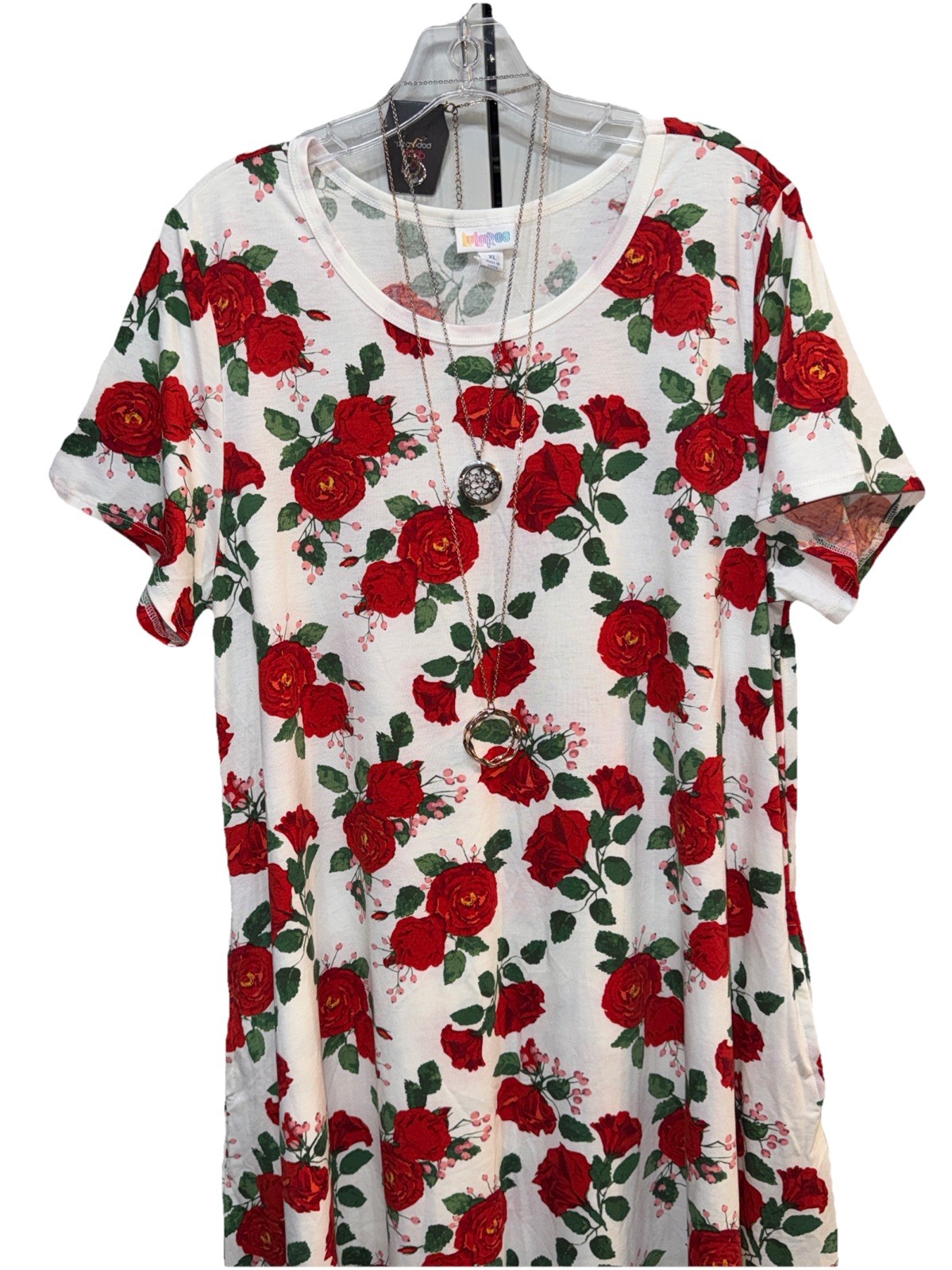 NWT LuLaRoe XL White Red Green Pink Roses Floral Jessie Swing Dress w/Pockets