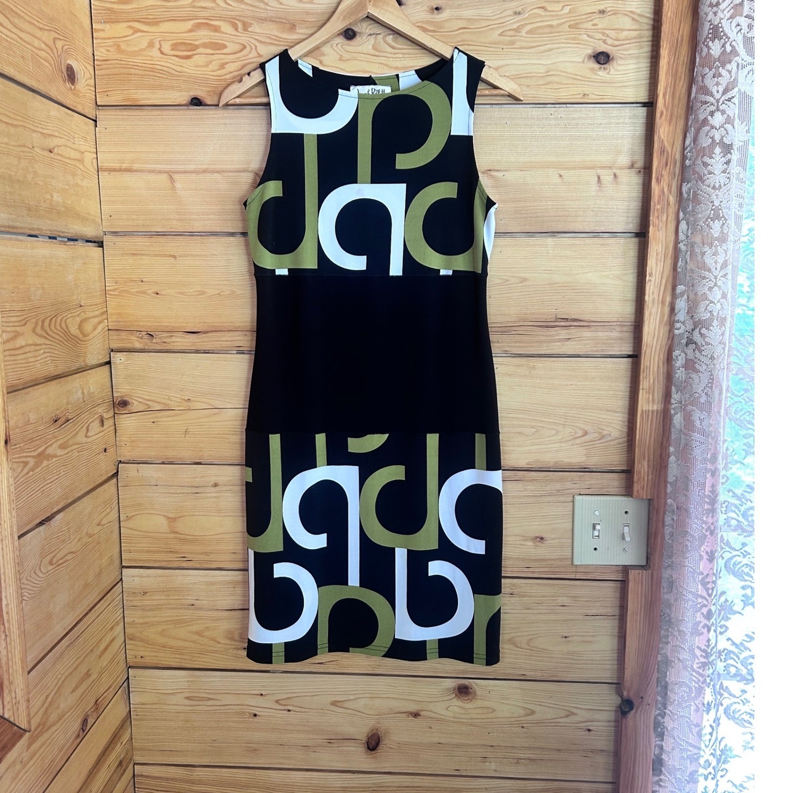 Geometric Shift Dress Womens Size 6 Olive Green Black Mod Joseph Ribkoff