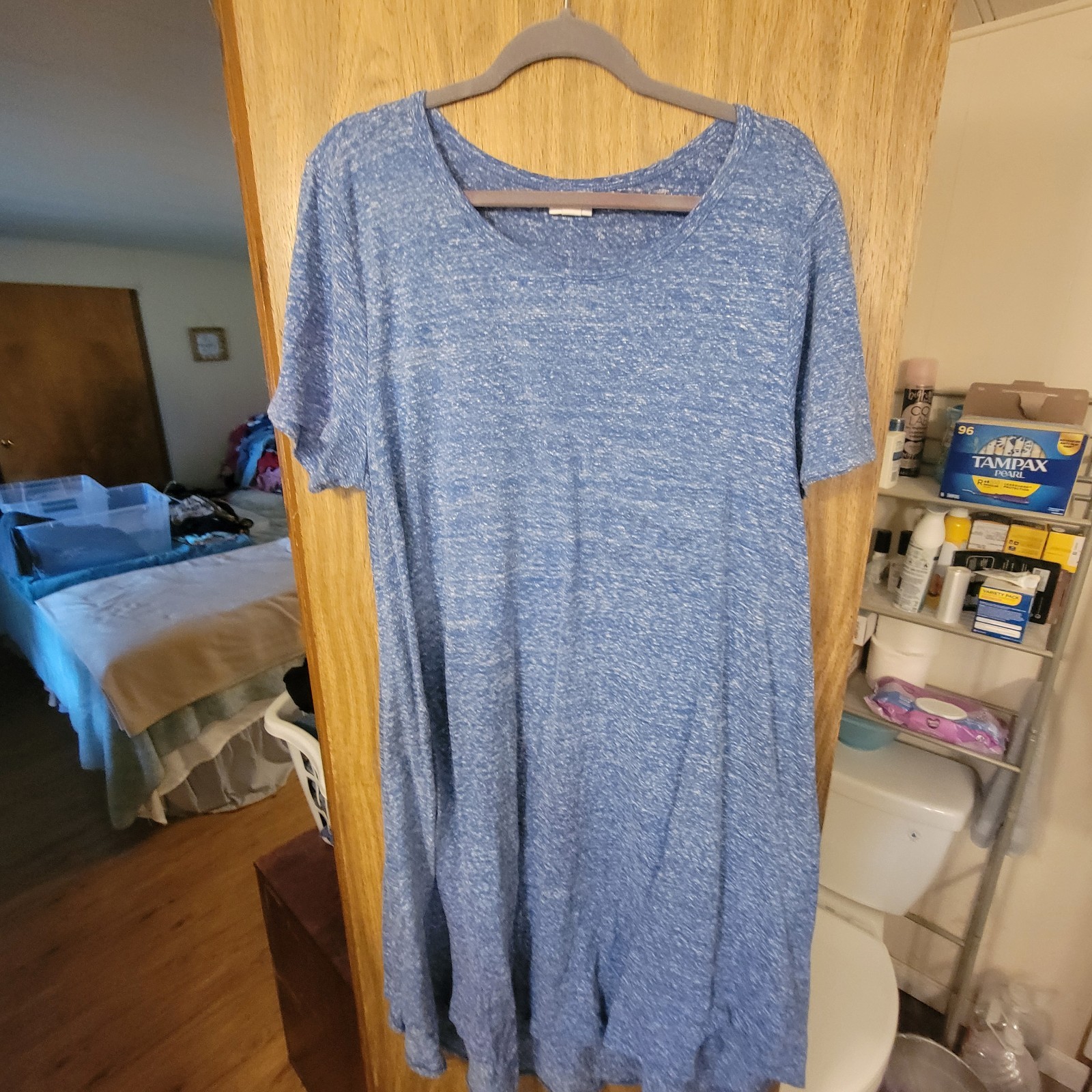 LuLaRoe Knit T Shirt Dress 3XL Blue And White Design 44 Inches Long