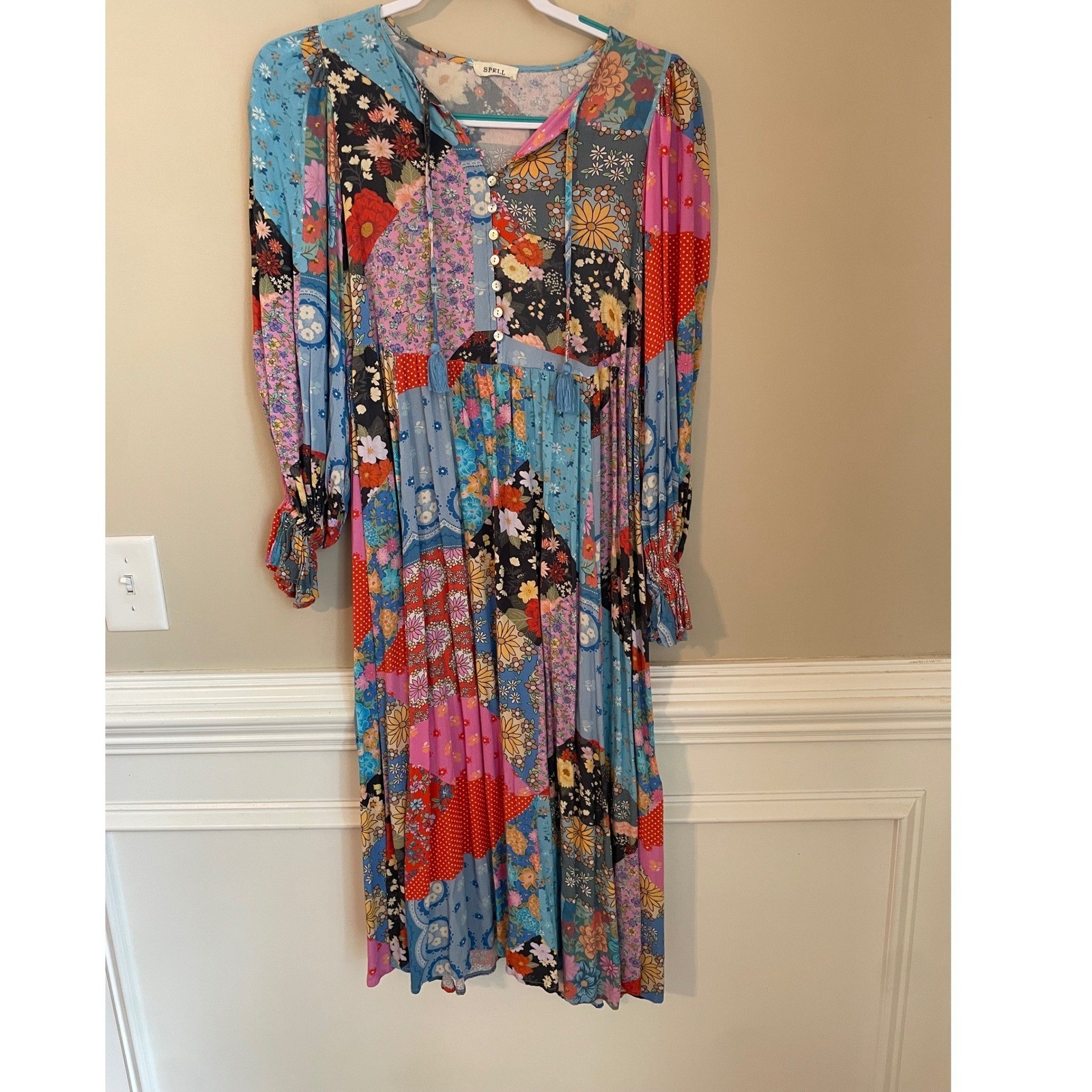 Spell & The Gypsy Cha Cha Boho Patchwork Floral Print Midi Dress Size XS