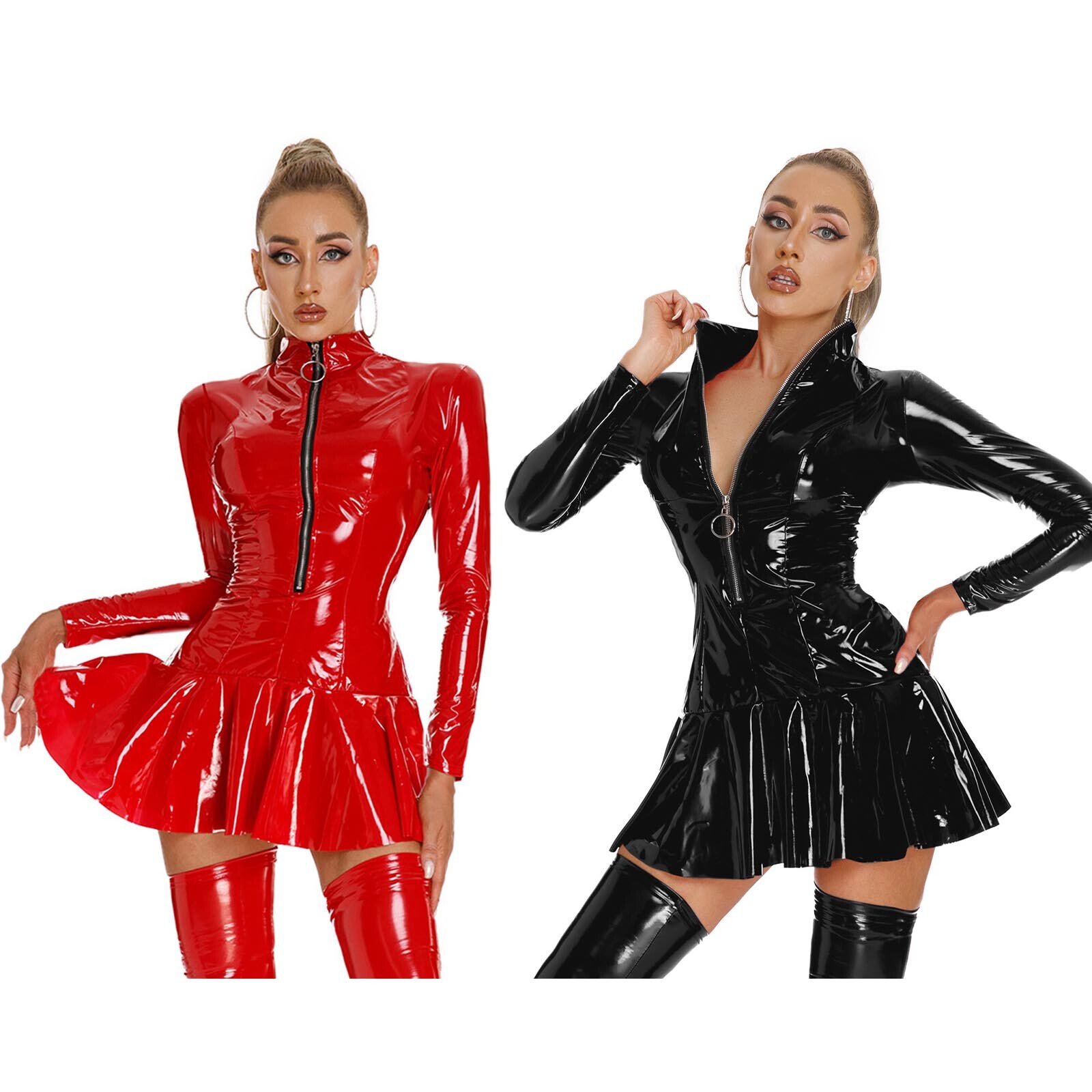 US Womens Costume Zipper Dress Mini Clubwear Ladies Lingerie Latex Jumpsuit PVC