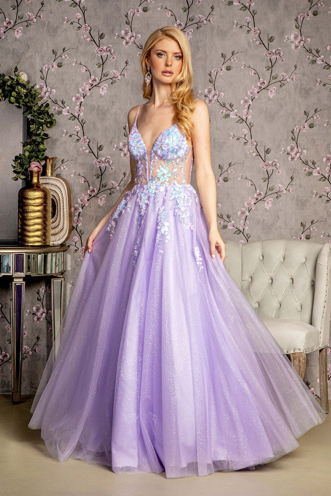 Sequin Glitter Sheer Bodice V-back Mesh A-line Long Dress GLGL3226