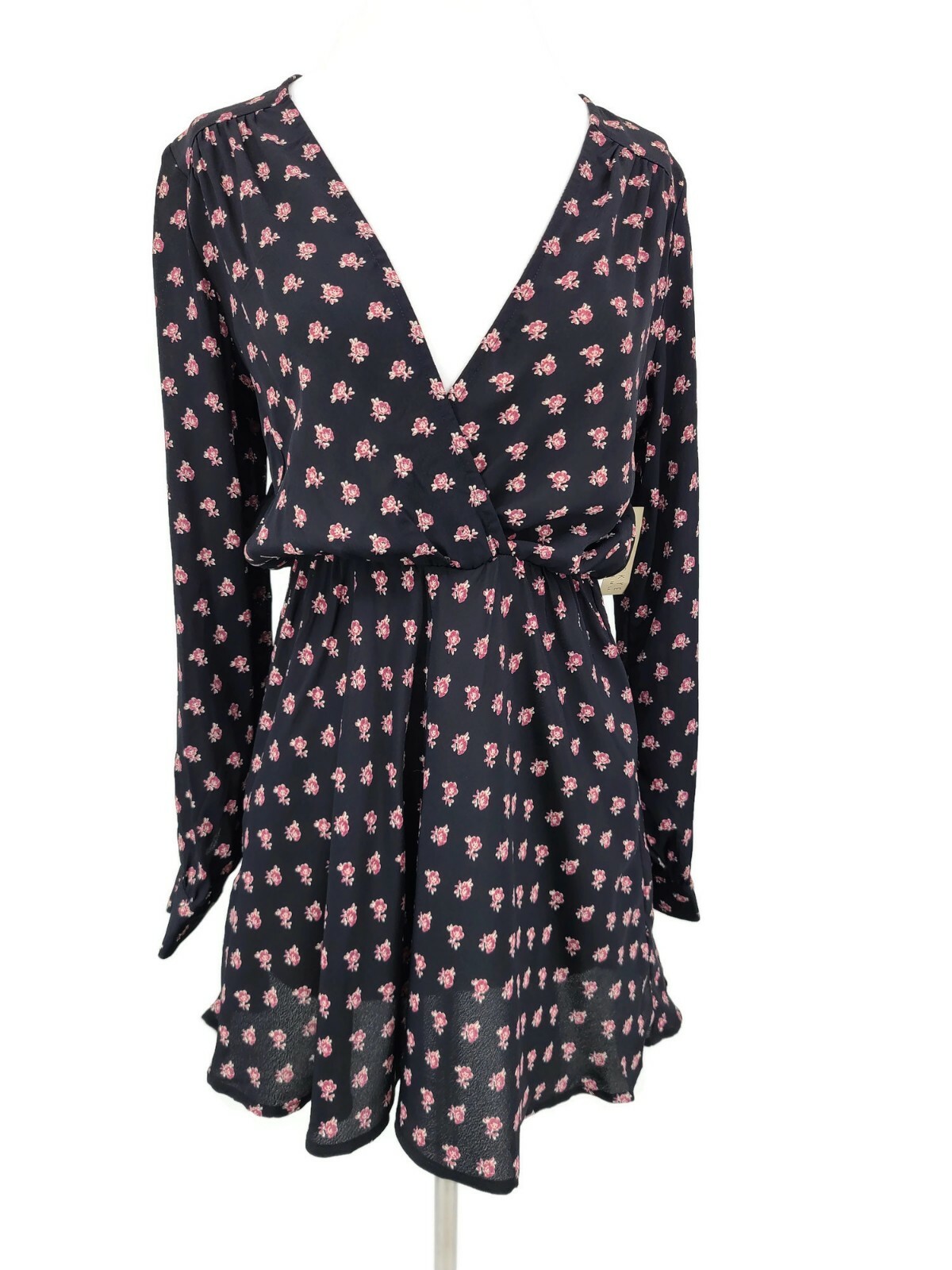 New Flynn Skye Ellie Mini Dress Womens Small Black Wine Pink Floral Long Sleeve