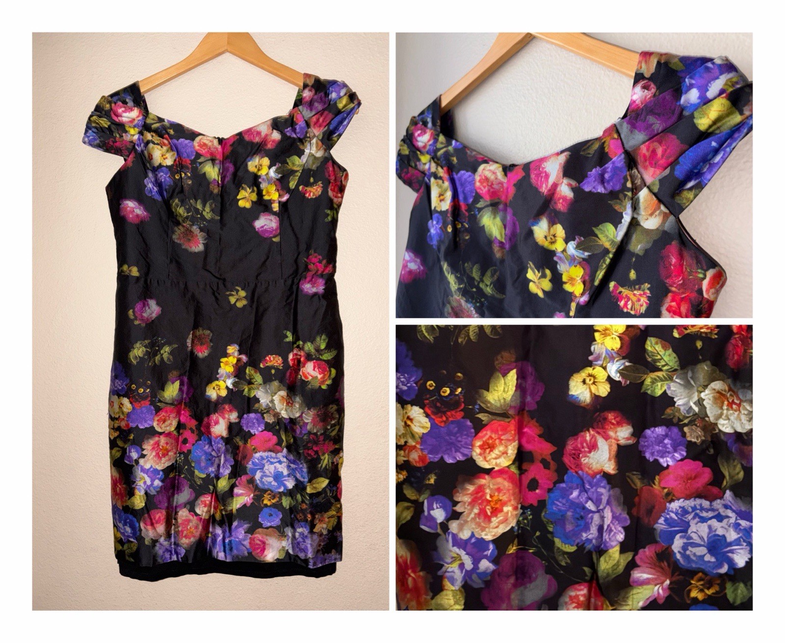 MILLY NY Satin Vibrant Watercolor Black Floral Dress Women’s Size 10 Sweatheart