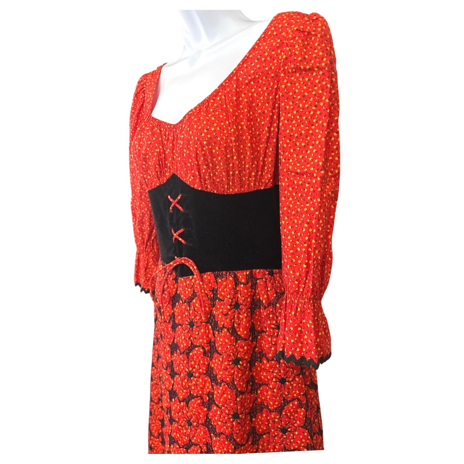 Vintage 70s 80s Tracy Petites Quilted Prairie Dress Calico Floral Ric Rac Corset
