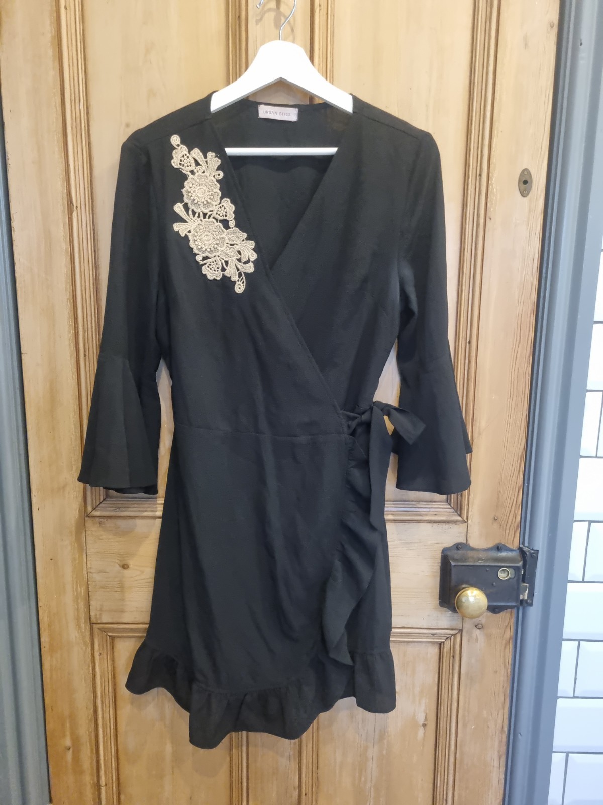 Urban Bliss Ladies Black & Gold Wrap Front Mini Dress Semi Sheer Size 8 To 10