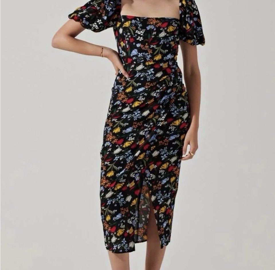 ASTR the Label Black Floral Puff Sleeve Front Slit Midi Dress S Cottage Boho