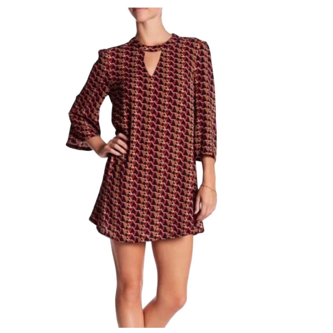 NWT Nordstrom’s Miss Me Tan, Navy, Orange/Red Geometric Print Shift Dress – S