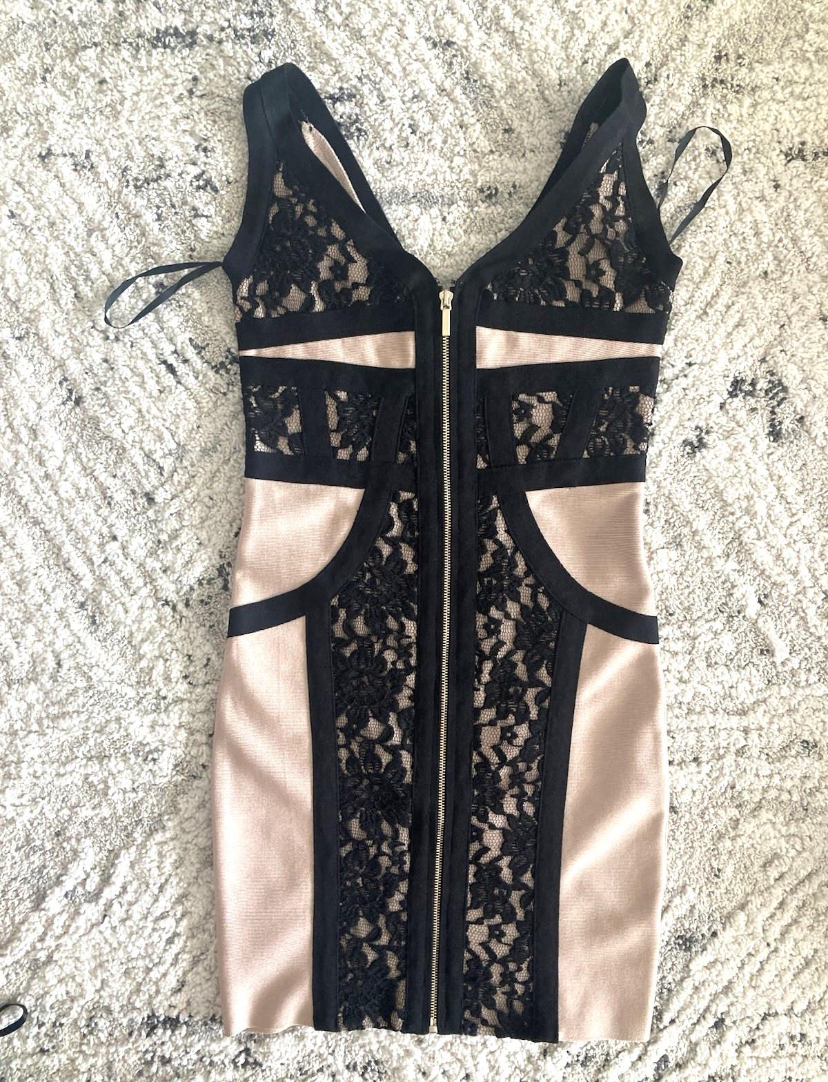NEW bebe black beige Floral lace straps zipper bandage top dress S Small sexy