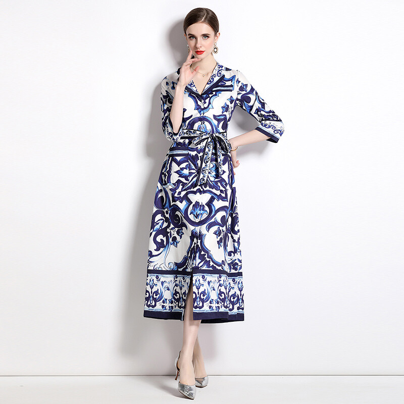 Summer Vintage Baroque Print Notch V Neck Half Sleeve Women Casual Shirt Dresses