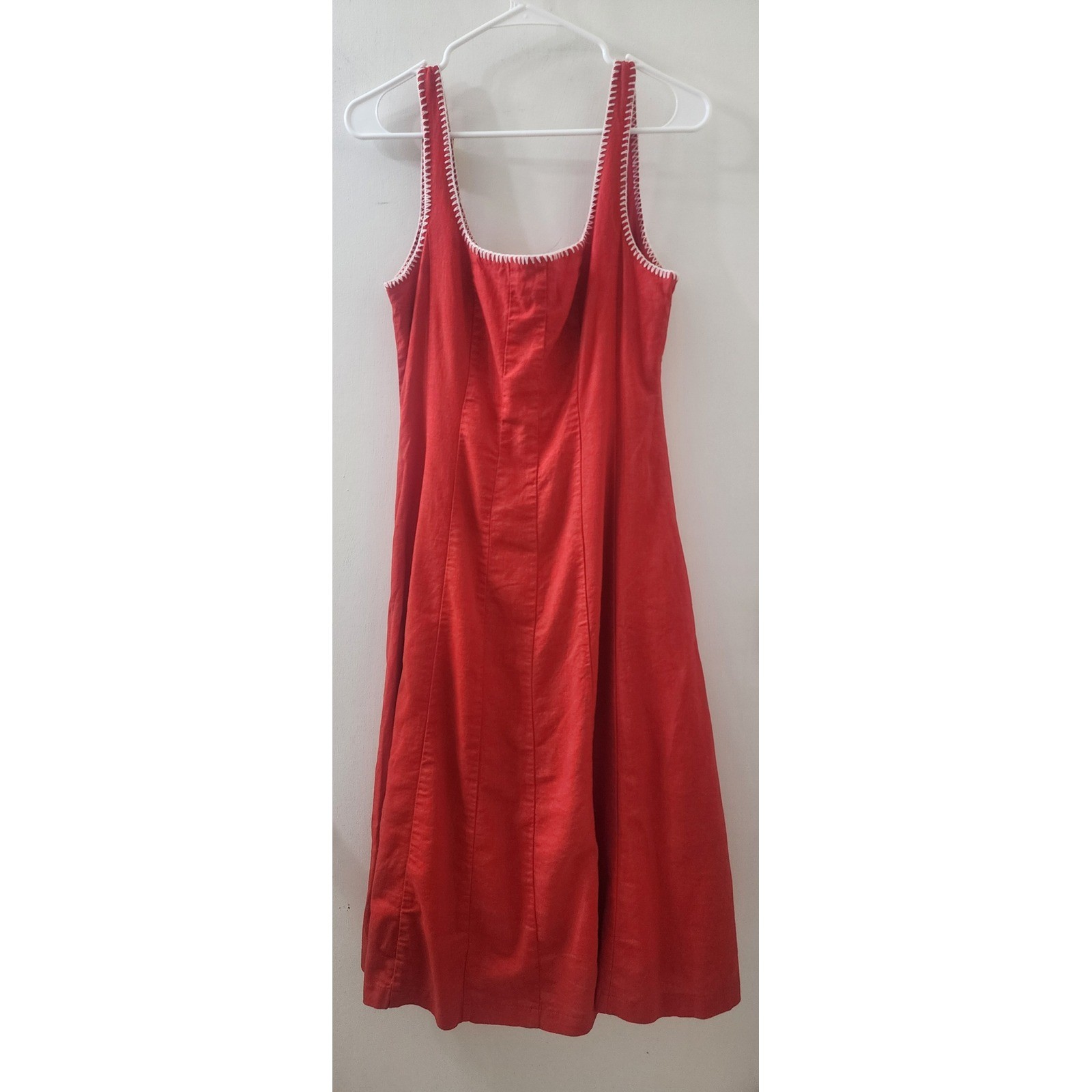 Caroline Constas Red Linen Blend Blanket Stitch Midi Dress Square Neck Red White