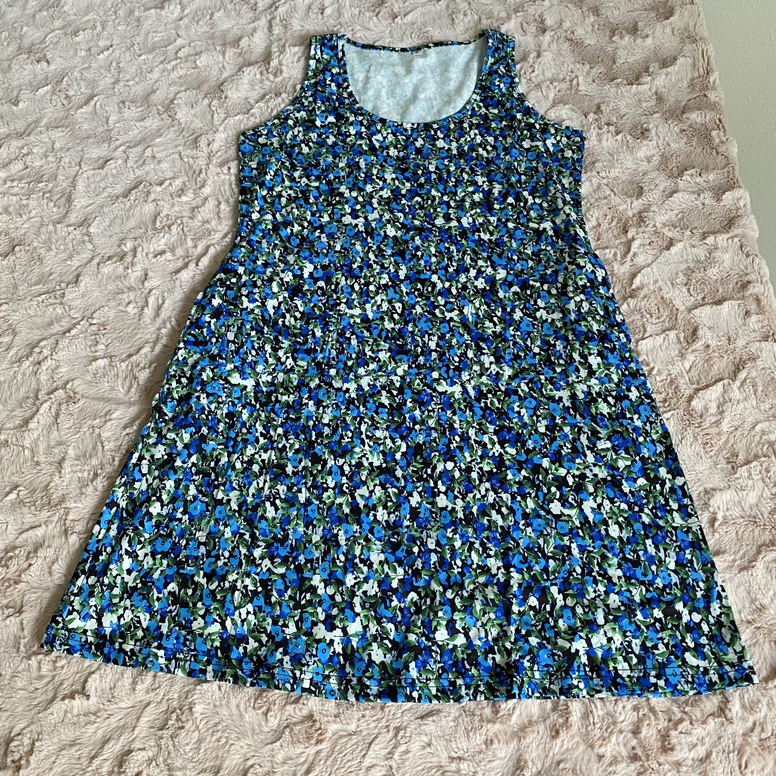 NWOT Womens Small Blue White Floral Causal Tank Dress Sleeveless Pockets