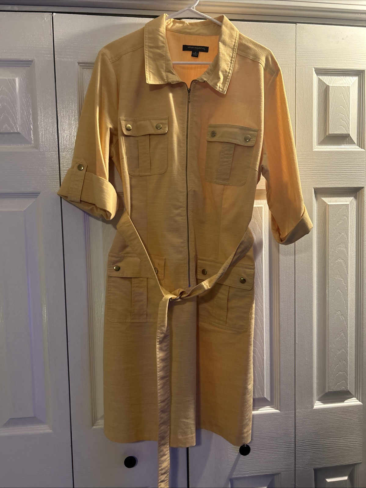 Sharagano Dress Yellow Roll Tab Sleeve Utility Career Belted New Size 16