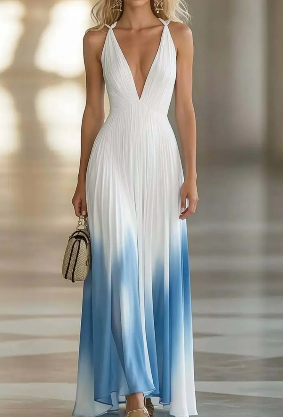 Elegant Spaghetti Strap Deep V-Neck Vacation-Style Design Maxi Dress
