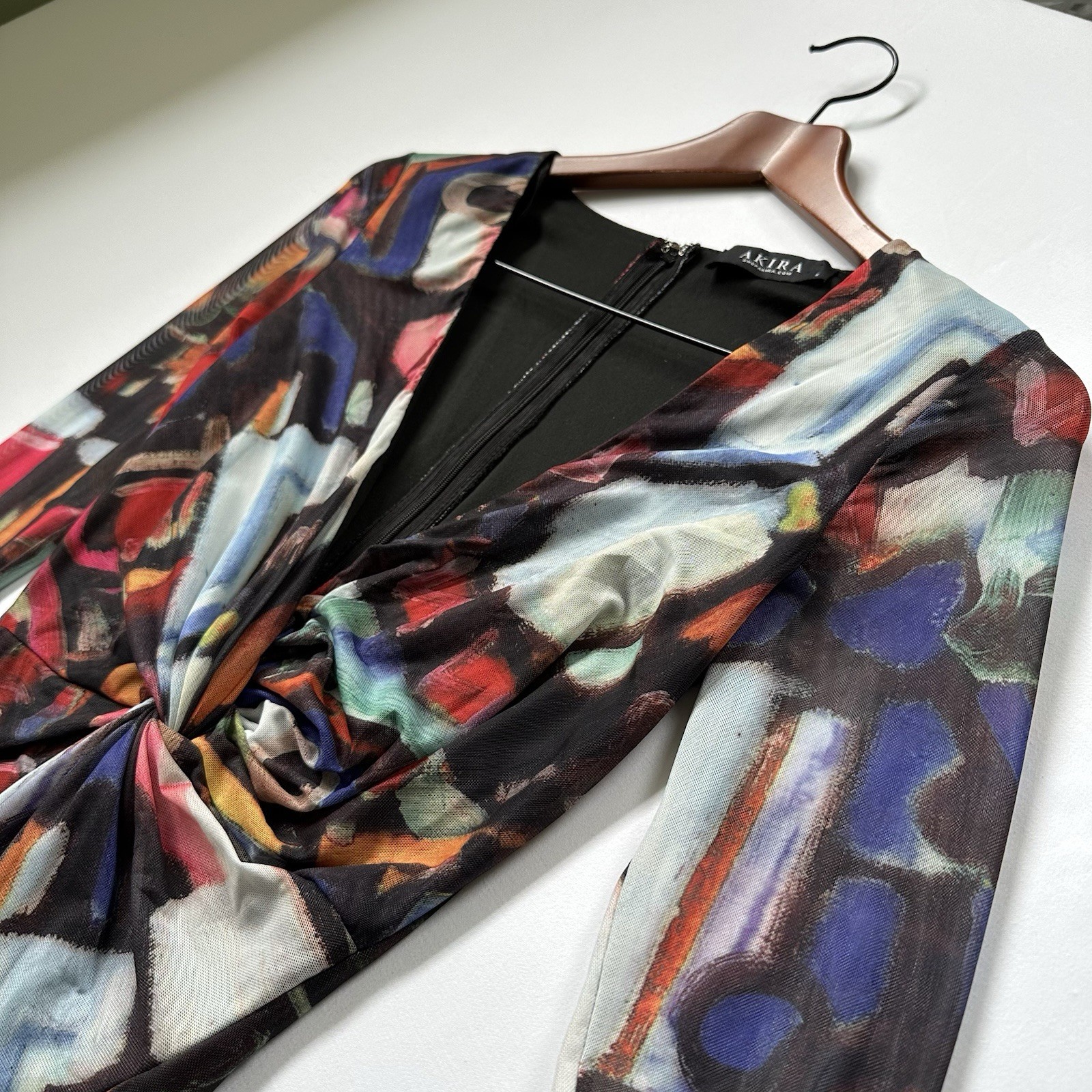 Akira On My Mind Abstract Colorful Plunge V-Neck Bodycon Mini Club Dress Size S