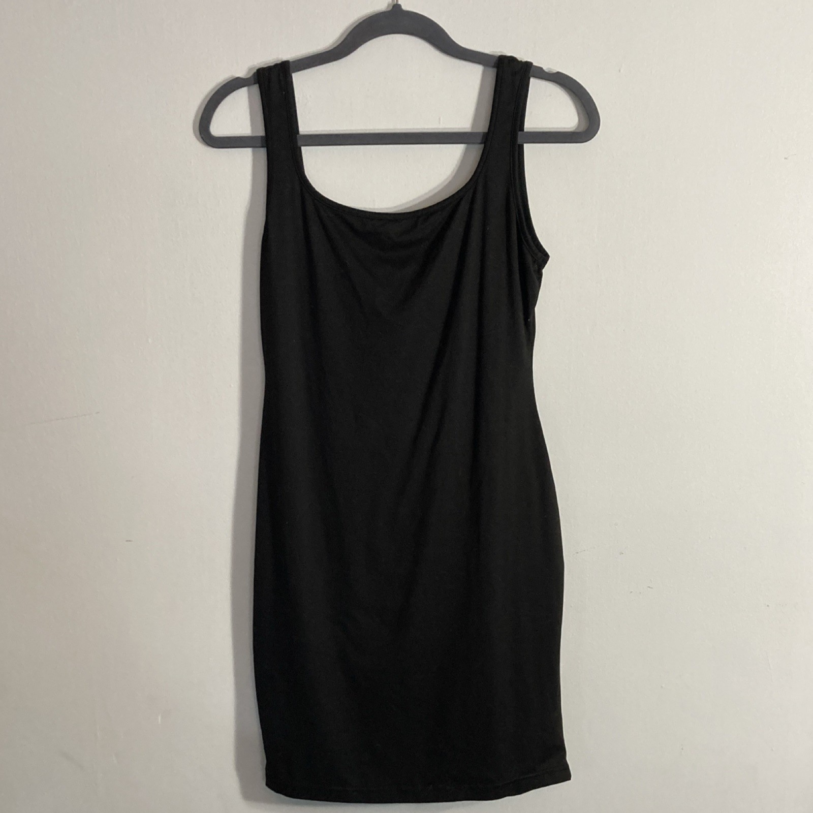 Womens Black Solid Scoop Neck Sleeveless Tank Mini Dress Stretch Poly Spandex