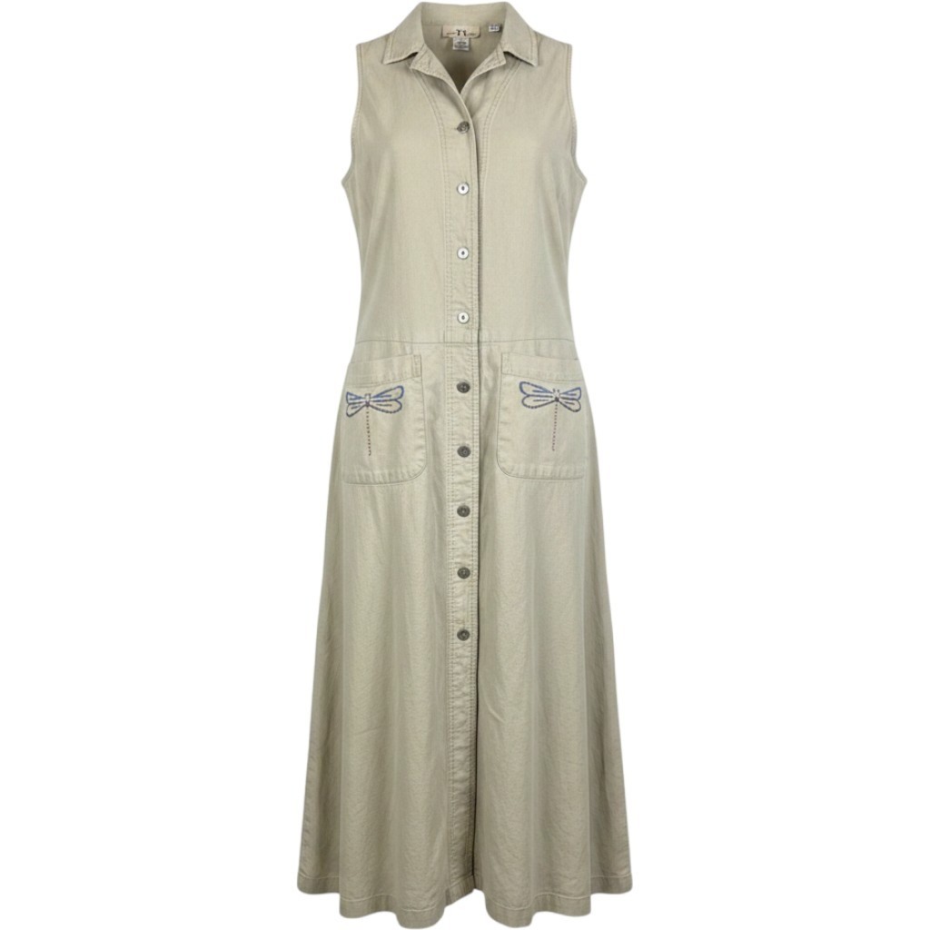 Original TY Wear Linen Cotton Dragonfly Embroidered Maxi Dress Tan Womens 16W