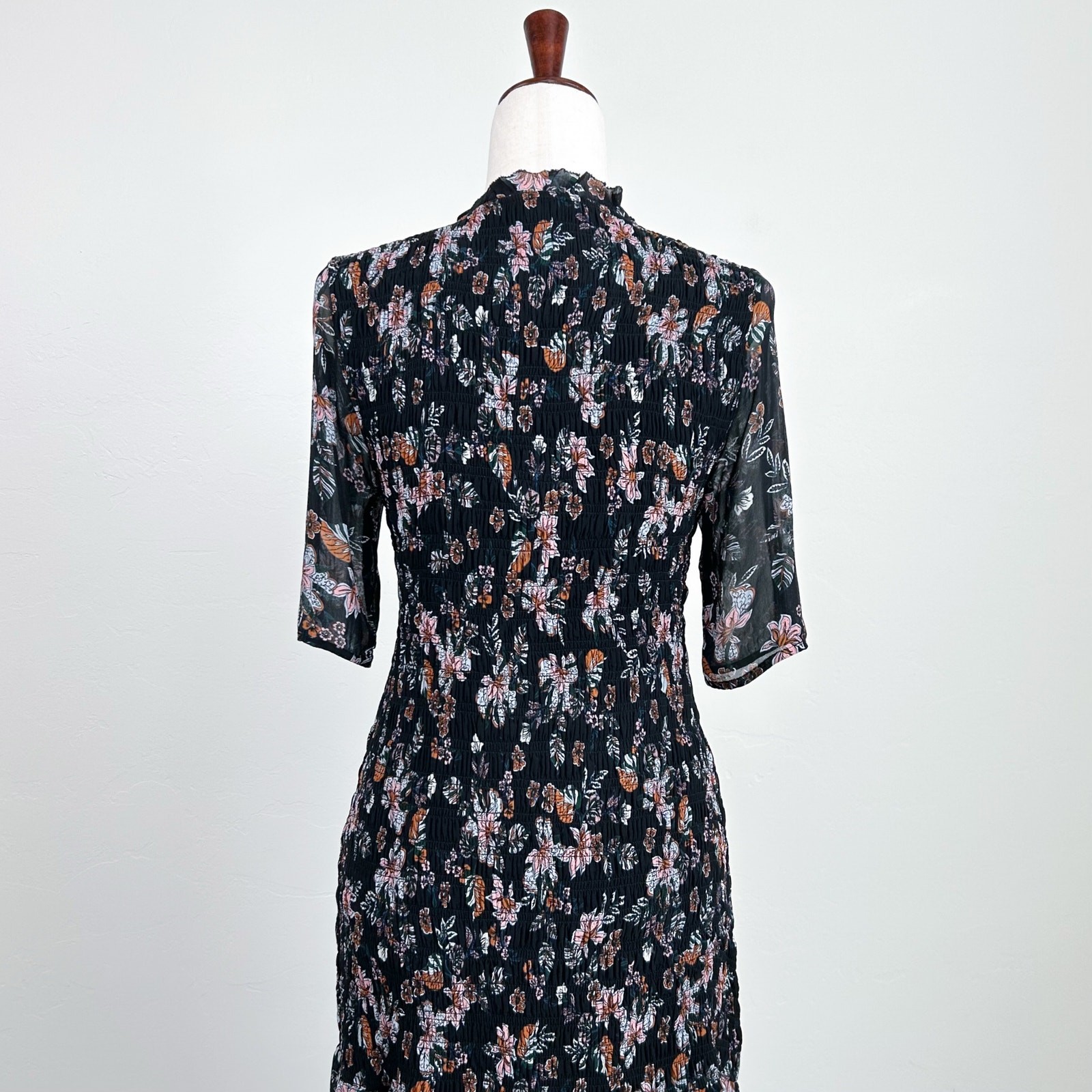 Veronica Beard Gabi Black Floral Chiffon Drop Waist Smocked Midi Dress SIZE 6