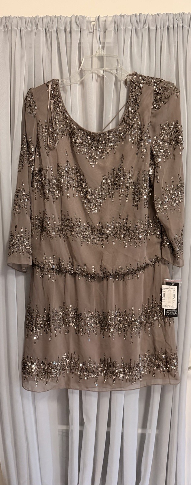 Adrianna Papell Sequin Blouson Mini Dress Taupe with 3/4 Sleeves Size 14 New