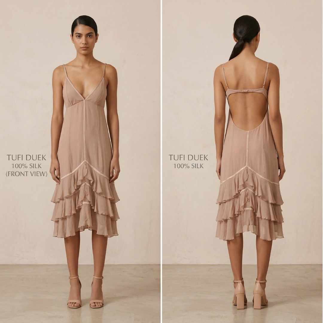 100% Silk Open Back Babydoll Dress Womens 38 (S) Mauve Tiered Ruffle Sexy Brazil