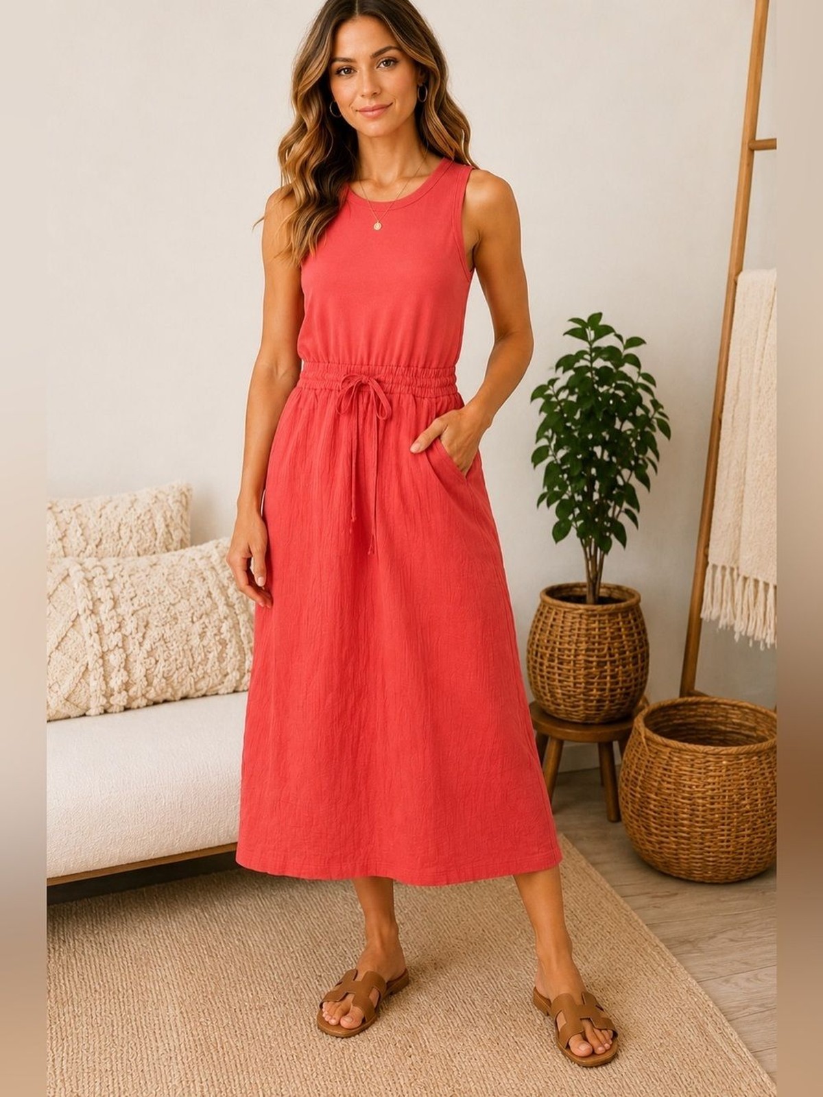 Be Cool Los Angeles Coral Sleeveless Midi Dress with Pockets | Size Small