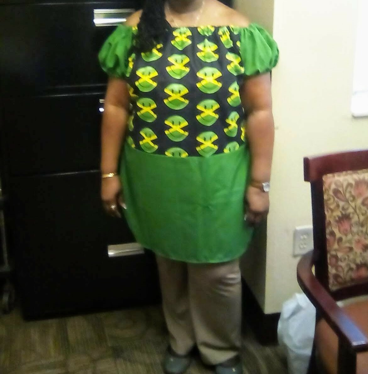 Smiling Jamaican Flag Off Shoulder Puff Sleeve Casual Loose shirt Tail Dress XL