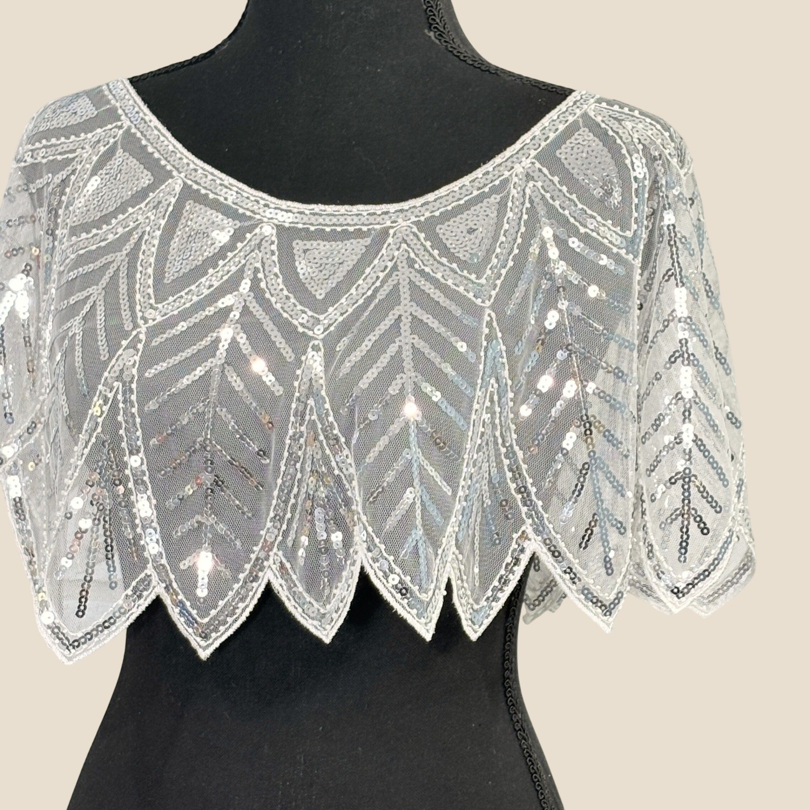 1920s Gatsby Flapper Dress Small Sequin Beaded Fringe Capelet Headpiece Jazz Age