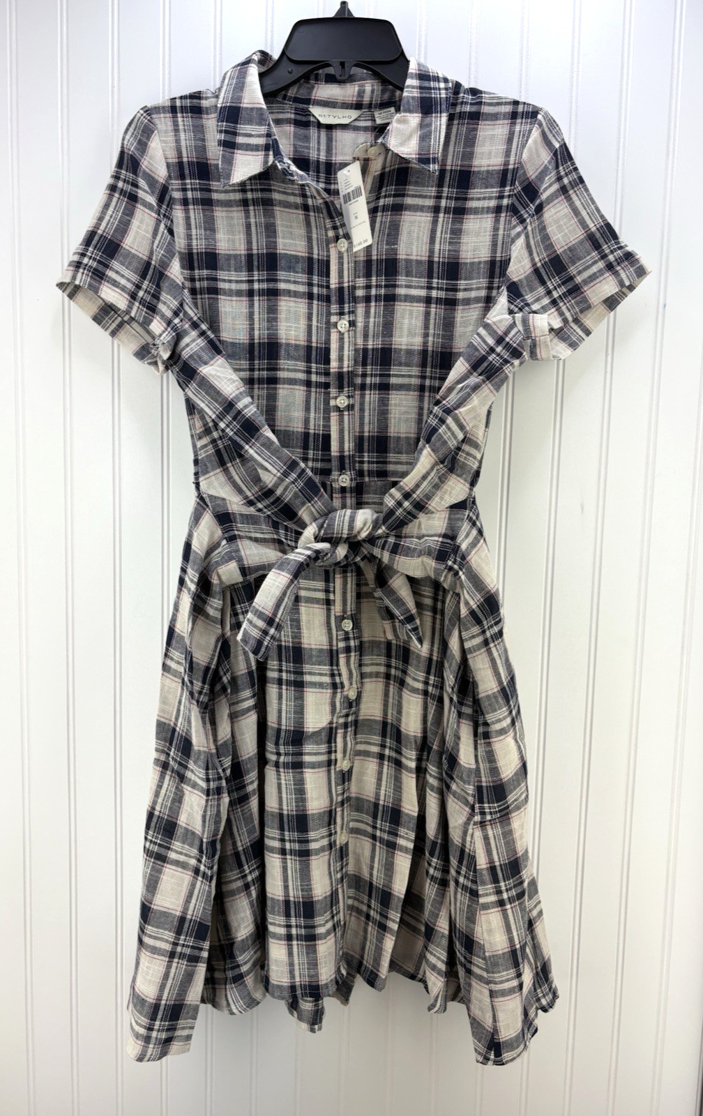 11 1 Tylho Anthropologie Women M Plaid Western Preppy Tie Front Shirt Dress NWT