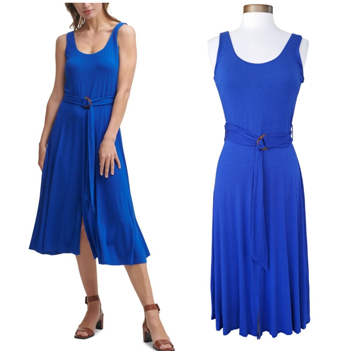 NEW CALVIN KLEIN Royal Blue Midi Dress Size 6 Sleeveless Stretch Belted Jersey