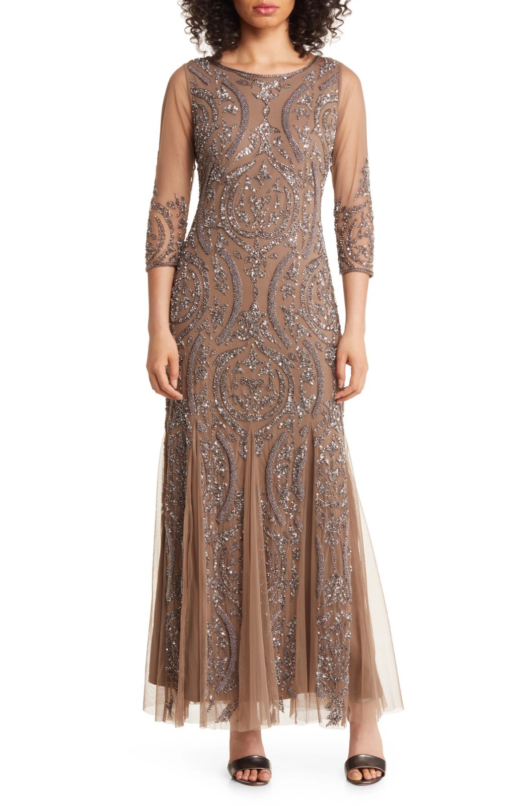 Pisarro Nights Women’s Sequin Beaded Mesh Gown Evening Maxi Dress Mocha Size 10