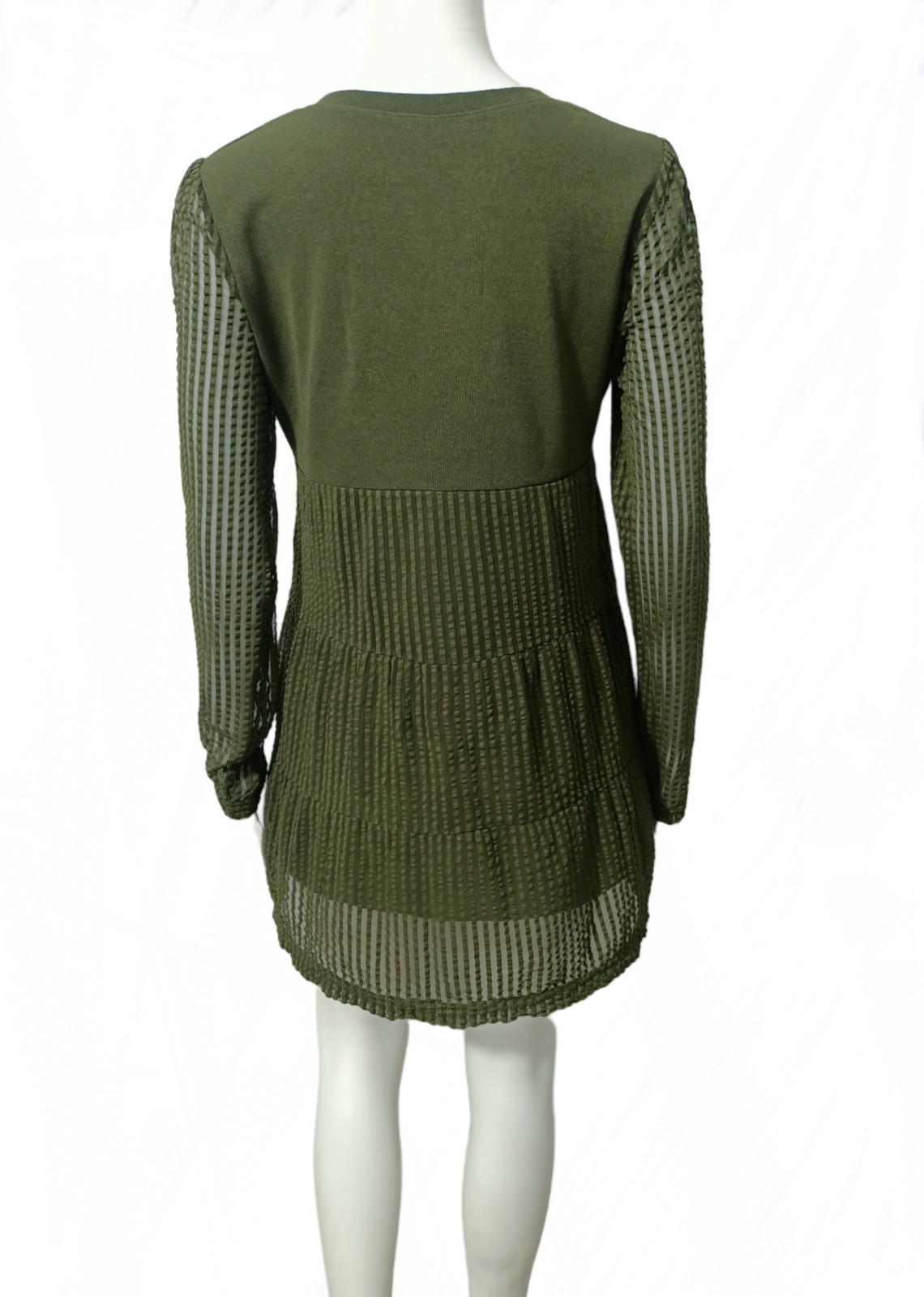 Olive Green | M | Polyester Elastane | Tiered Lace Mesh Sleeve Tunic Dress