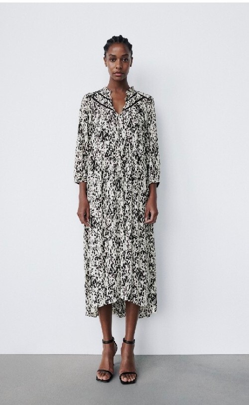 ZARA Printed Dress With Lace Medium M Midi Holiday Assymetric Hem Boho Tunic