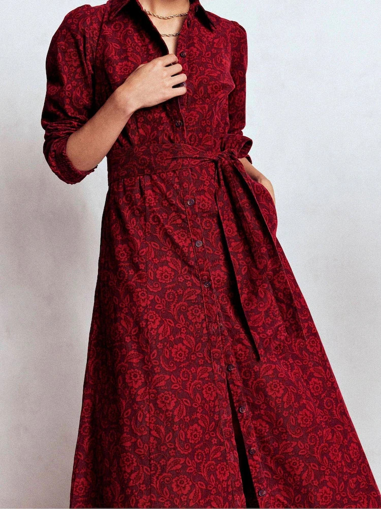 BNWT Boden Clara Cord Shirt Dress Sz 12 Long Red/Brown Floral