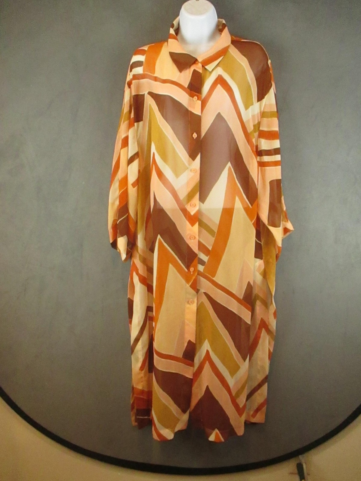 Lafayette 148 New York Shirt Dress Women 3X Orange Brown Geometric Pockets Sheer