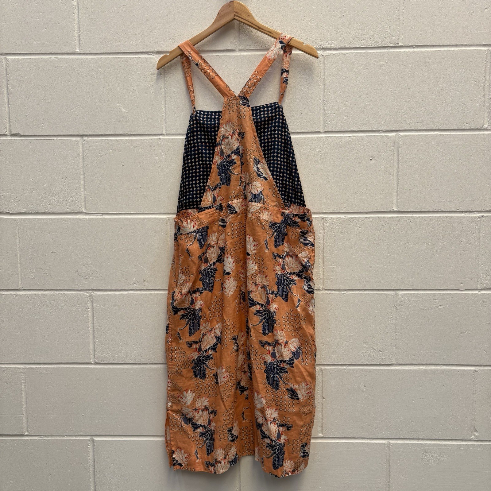 White Stuff Yuki Linen Pinafore Dress UK 18 Orange Floral Midi Dungaree Dress