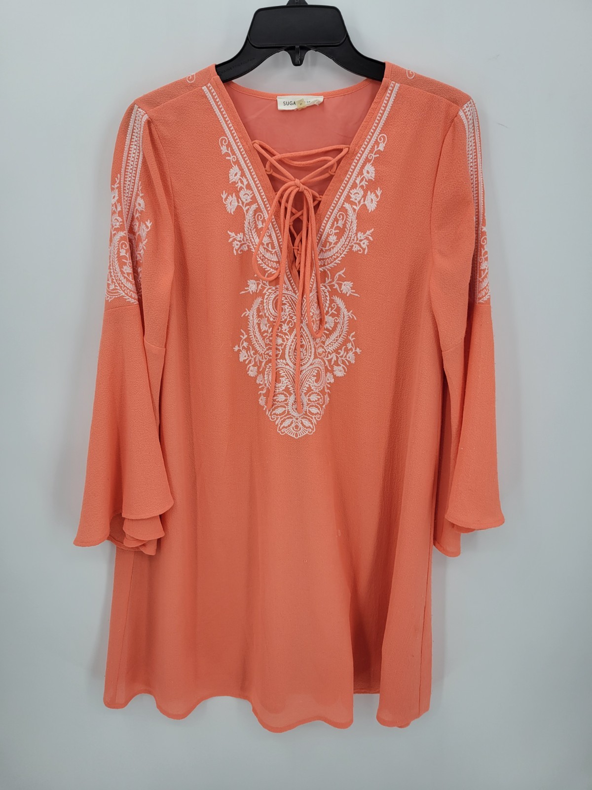 Sugar Lips Dress Womens Medium Orange Bell Sleeve Lace Up Embroidered Boho