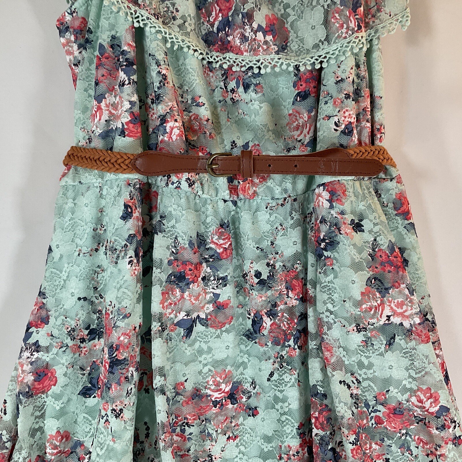 No Bounderies Aqua/Mint Blue Floral Lace dress with Belt, Junior size XXL