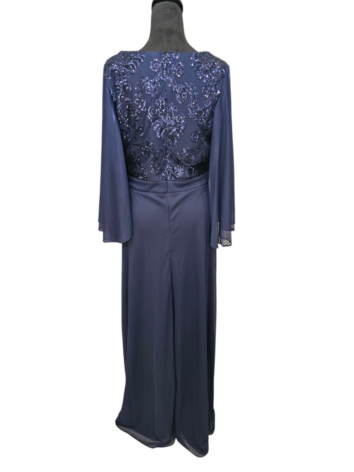 NWT R&M Richards Fleur de Lis Sequin Bodice Dress With Cape Sleeves Navy 10