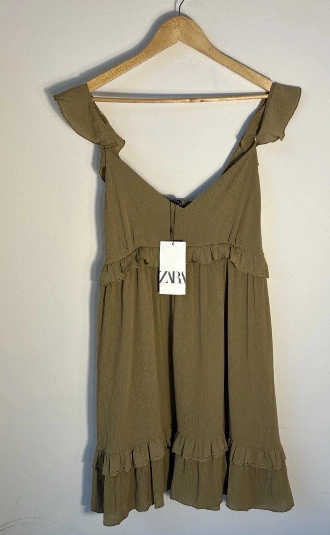 NWT New Zara Ruffled Tiered Babydoll Sleeveless Dress Olive Green XL