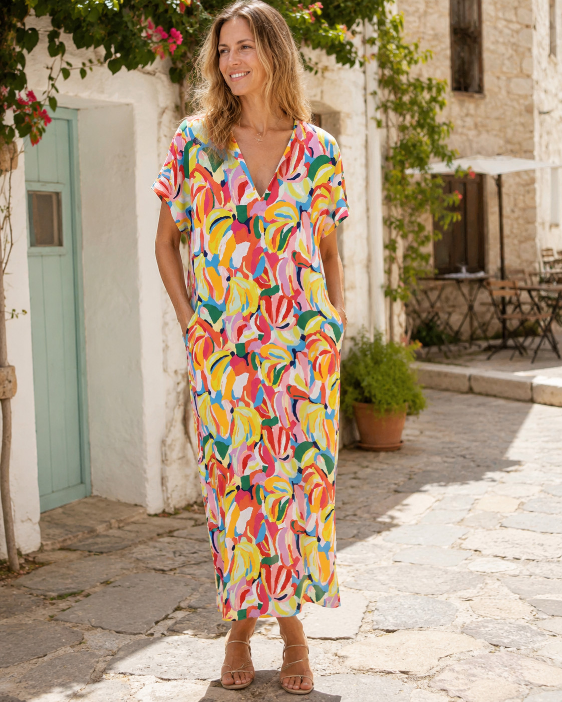 CROSBY by Mollie Burch Shep Caftan dress Multicolor Ruffle VNeck Sz Small