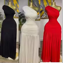 Women One Shoulder Skew Neck High Split Pleated Hem Bodycon Long Maxi Dress 2025