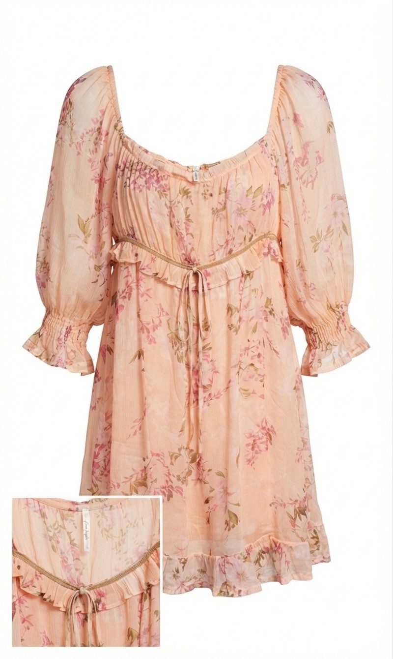 Free People Peach Floral Ruffle Mini Dress XS Square Neck Balloon 3/4 Sleeve