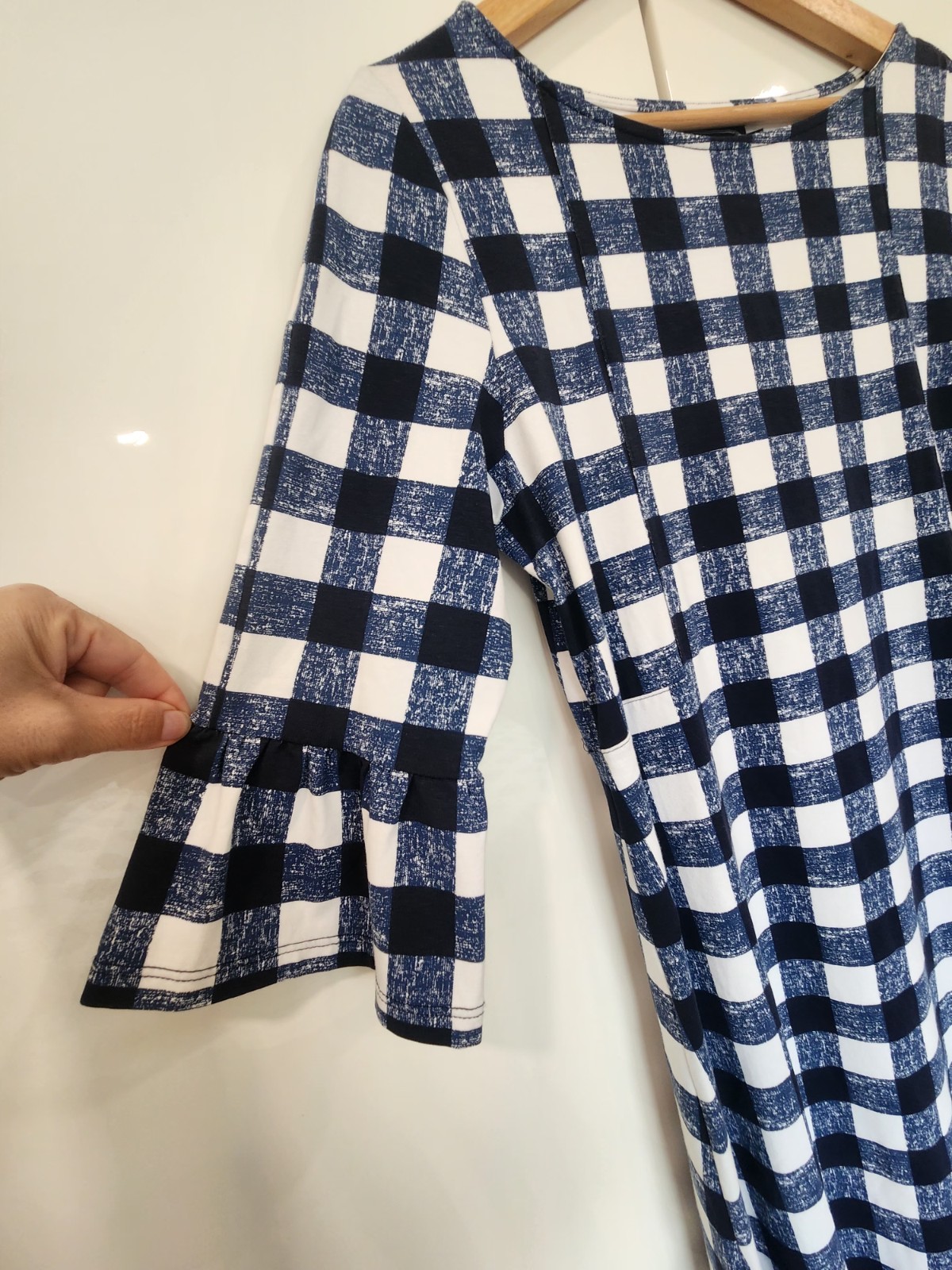 Duffield Lane Gingham Shift Dress Navy Blue White Bell Sleeve Boat Neck Size M