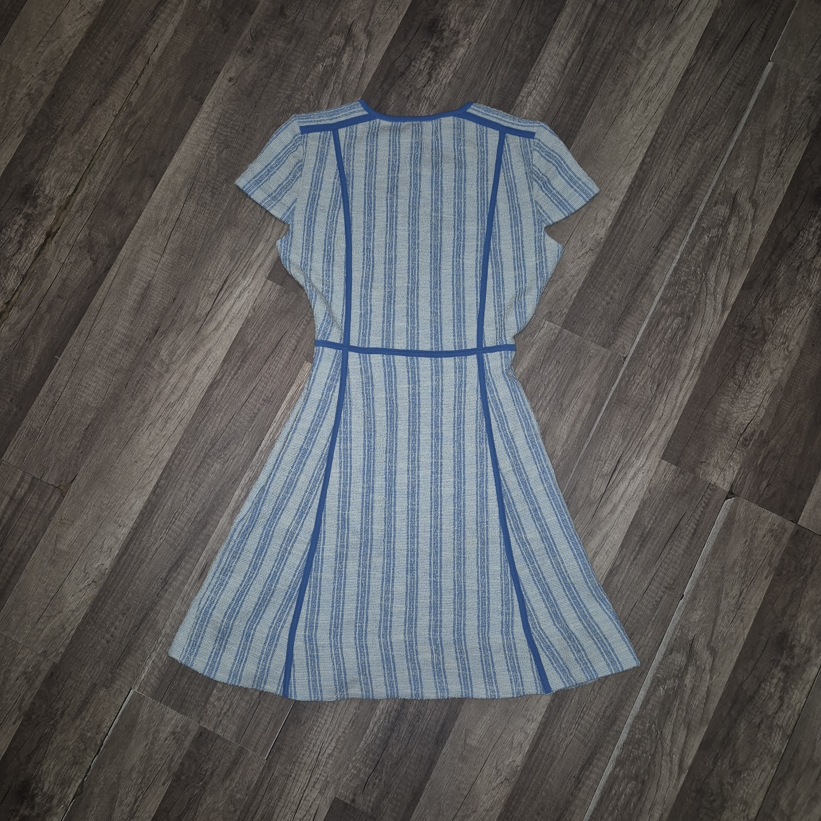ME+EM Blue Beige Striped Round Neck Short Sleeve A-Line Short Dress US 6