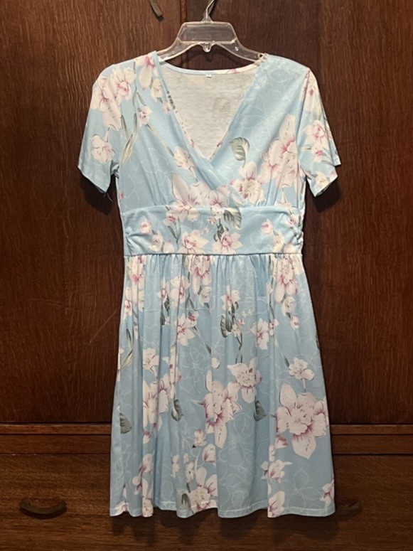 Blue Floral A-Line Dress Knee Length Short Sleeve Poly/Spandex POCKETS V-Neck Sm